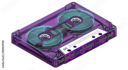 A vibrant purple cassette tape with a transparent shell, showcasing the intricate details of the magnetic tape inside, isolated on