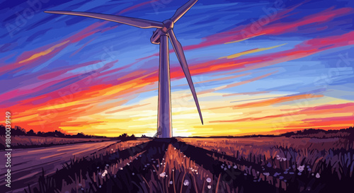 A majestic wind turbine stands tall against a breathtaking sunset, symbolizing renewable energy and environmental consciousness, isolated on