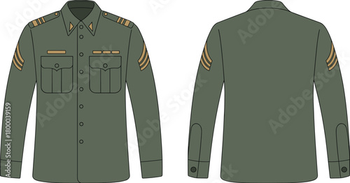 Military uniform shirt front and back view, olive green army dress, vector illustration, rank insignia,