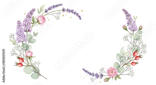 Watercolor floral wreath with lilac, rose, and eucalyptus isolated on for wedding invitations and greeting cards design element