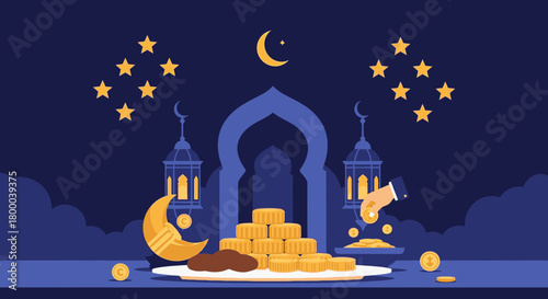 Ramadan kareem illustration with mosque, lantern, moon, star, and hand giving zakat isolated on dark blue background for islamic celebration