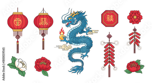Chinese new year elements isolated on, dragon, lantern, firecracker, flower, and blessing sign for lunar new year decoration