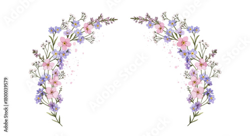Watercolor floral arch isolated on, delicate pink roses, blue forgetmenots, and green leaves for wedding invitations