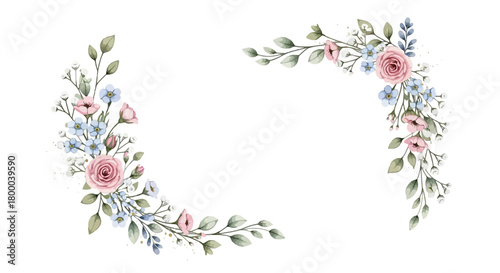 Watercolor floral corner set isolated on, delicate pink roses, blue forgetmenots, and green leaves for wedding invitations