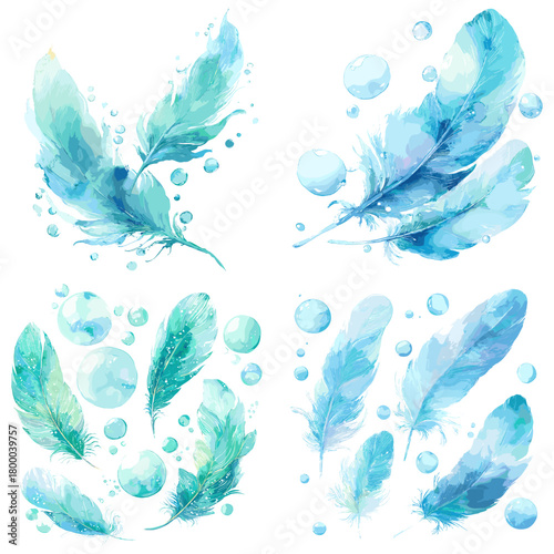 Blue watercolor feathers with bubbles fresh, airy plumes in floating compositions, isolated on white. Great for ocean themes, overlays, posters, cards, patterns, and playful branding.