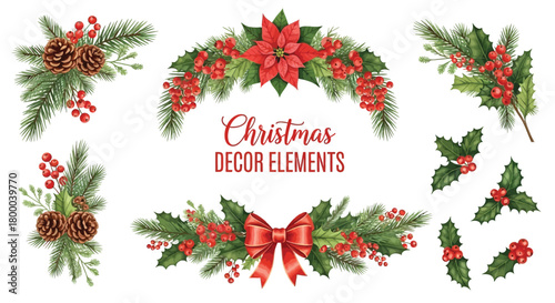 Collection of christmas decor elements including pine branches, pine cones, holly berries, poinsettia flower, and red ribbon bow, isolated on white background