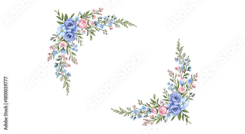 Watercolor floral corner with blue rose, forgetmenot flowers and green leaves isolated on for wedding invitation card design