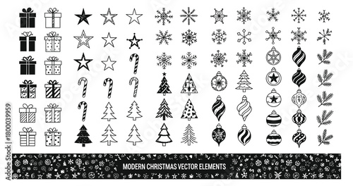 Collection of modern black and white christmas vector elements including gift boxes, stars, snowflakes, candy canes, christmas trees, and ornaments, isolated on white background