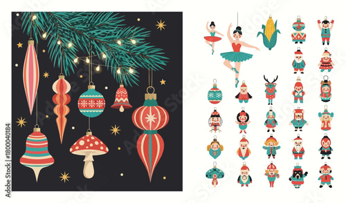Collection of vintage christmas ornaments and decorations, including baubles, pine cones, and festive lights, set against a dark background with twinkling stars