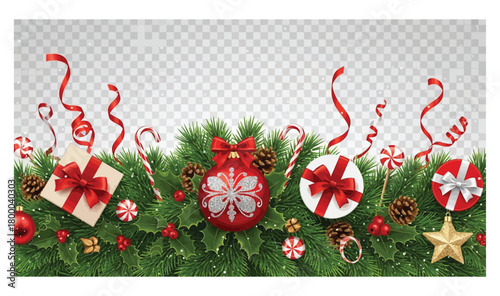 Festive Christmas garland border with red ribbon, ornaments, pine cones, candy canes, and gift boxes, isolated on white background