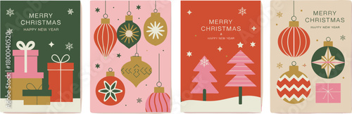 Modern festive Christmas greeting card set with decorative ornaments, gift boxes, holiday tree illustrations, winter celebration design, elegant seasonal artwork