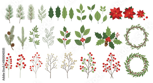 Collection of various christmas and winter botanical elements, including pine branches, poinsettias, holly, berries, and wreaths, isolated on white background
