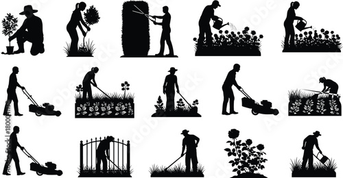 gardening, landscaping, silhouette, planting, watering, trimming, mowing, raking, flowerbed, outdoor, 
