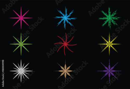 Collection of nine abstract, colorful, starburst, burst, and explosion graphics on a black background