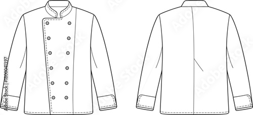 Professional chef uniform technical flat sketch, classic double breasted white coat with buttons, long sleeves and mandarin collar front and back view