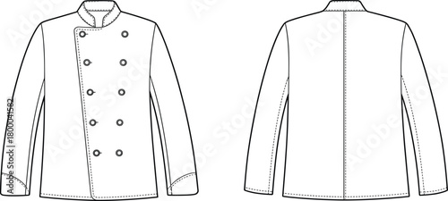 Professional chef uniform technical flat sketch, classic double breasted white coat with buttons, long sleeves and mandarin collar front and back view