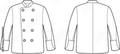Professional chef uniform technical flat sketch, classic double breasted white coat with buttons, long sleeves and mandarin collar front and back view