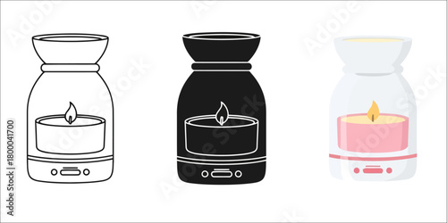 Essential Oil Diffuser Vector Set in Three Styles — Line Art, Silhouette and Color Version with Candle Flame Line Art for Aromatherapy and Relaxation