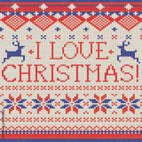 Ugly Sweater style seamless pattern with text. Merry Christmas party outfit. Vector illustration Handmade knitted background with christmas tree, snowflake, scandinavian decor. White, red colored
