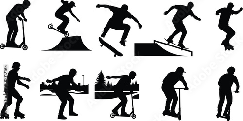 skateboard, scooter, rollerblade, silhouette, stunt, trick, jump, ramp, action, sport, urban, freestyle, youth, motion, extreme