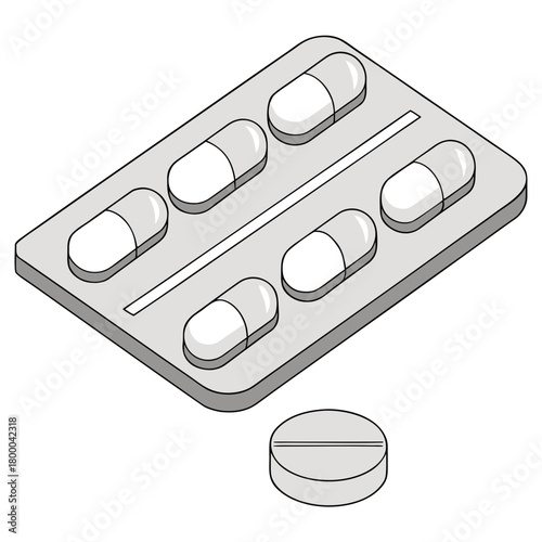 Isometric illustration of blister pack with pills isolated on