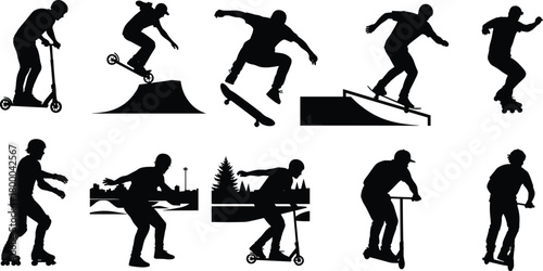 skateboard, scooter, rollerblade, silhouette, stunt, jump, ramp, trick, action, sport, urban, extreme, motion, youth, freestyle