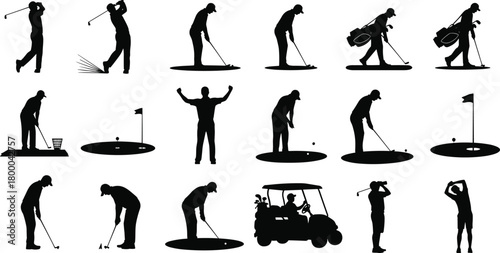 golf, silhouette, sport, swing, putting, club, ball, cart, player, action, pose, celebration, course, equipment, activity