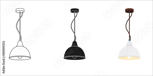 Elegant Hanging Lamp Vector Set in Three Styles — Line Art, Silhouette and Color Version Perfect for Interior Design Mockups and Architectural Renderings with Clear Lines