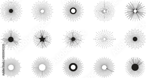 Collection of Black and White Sunburst and Starburst Graphic Elements Keywords: sunburst, starburst, rays, lines, graphic, design, element