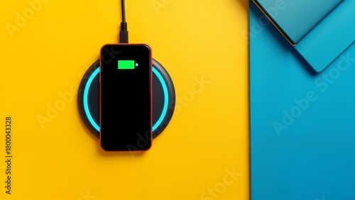 An overhead view of a smart phone charging on a yellow wall.