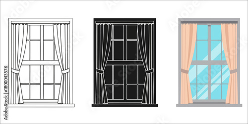 Elegant Window Vector Set in Three Styles — Line Art, Silhouette and Color Version with Curtains Outline Style for Architectural and Interior Design Projects