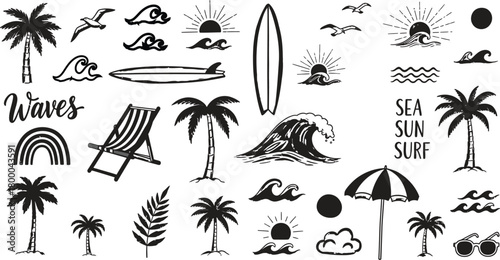 Hand Drawn Tropical Beach Summer Vacation Elements Collection palm tree surfboard