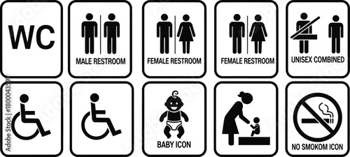 Set of black and white restroom and facility signs with icons and text toilet male