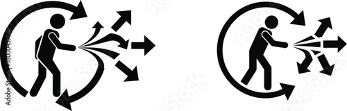 Stick Figure Spraying Liquid with Arrows Indicating Dispersion and Recycling Keywords: stick figure, person, spraying, liquid, water