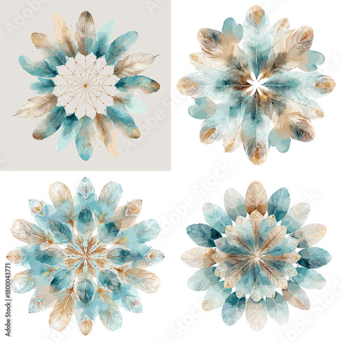 Feather mandala set radial rosettes in teal, beige, and gold. Symmetric watercolor emblems for luxe logos, labels, invitations, posters, patterns, and modern boho decor.