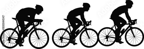 Cyclists riding racing bicycles silhouette illustration, professional athletes training on road bikes, competitive cycling sport teamwork concept vector design for fitness motivation