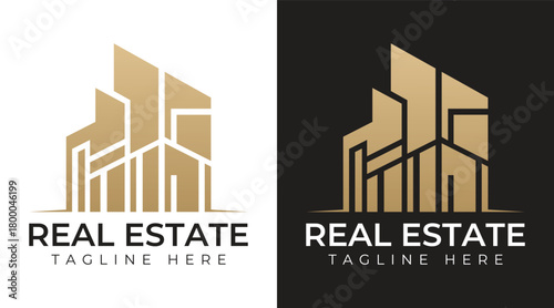 Modern luxury real estate building logo, elegant gold line art architecture symbol for property, construction, realtor branding, corporate identity and professional business logo design