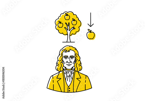 Isaac newton discovers gravity with an apple falling from a tree - Flat stock illustration