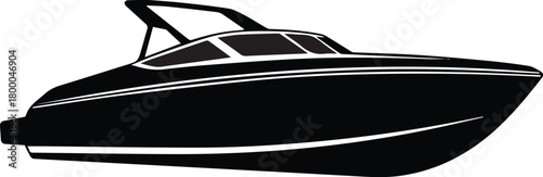 Sleek black silhouette of a modern speed boat with a wakeboard tower isolated on a white background representing water sports and leisure