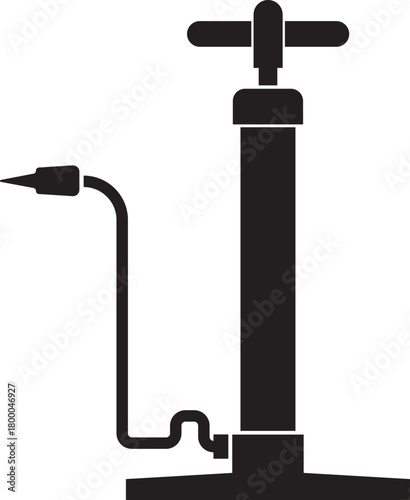 Black silhouette of a bicycle floor pump with a hose and nozzle for inflating tires on a white background representing a simple illustration of a tool