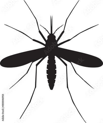 A stark black silhouette of a mosquito with its wings spread and long legs extended against a clean white background symbolizing disease vectors and insect pests