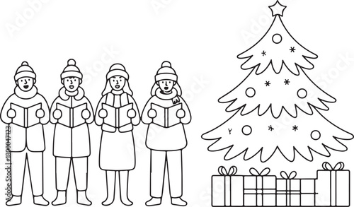 Christmas carolers singing in a winter town scene vector illustration. Group of people with songbooks next to a decorated tree