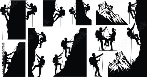 climbing, mountaineering, silhouette, adventure, mountain, rope, harness, outdoor, ascent, peak, teamwork, challenge, sport, exploration, activity