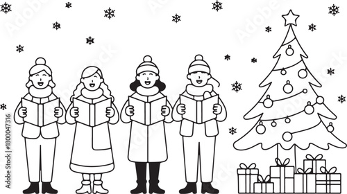 Christmas carolers singing in a winter town scene vector illustration. Group of people with songbooks next to a decorated tree