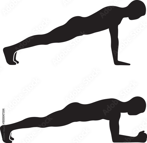 Two black silhouettes of a person performing a plank exercise one in a high plank position and the other in a forearm plank position