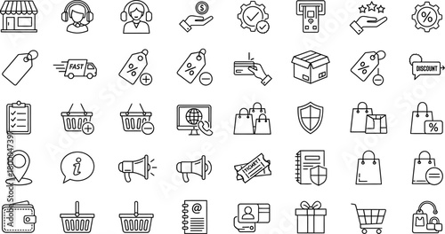 Collection of hand drawn business and shopping icons representing commerce and retail concepts