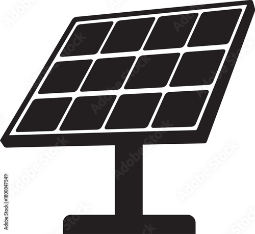 A simple black and white silhouette illustration of a photovoltaic solar panel mounted on a stand representing renewable energy and sustainability