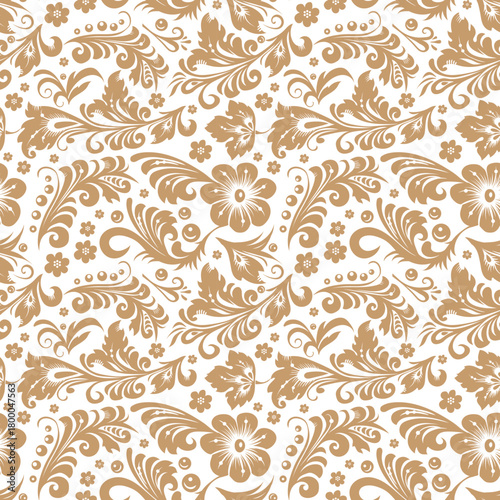 Golden pattern in the Old Russian style. Traditional, folk motif. Vector background with freezing twigs, berries, flowers, leaves. For cards, fabric, textiles, advertising, clothing, packaging.