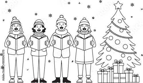 Christmas carolers singing in a winter town scene vector illustration. Group of people with songbooks next to a decorated tree
