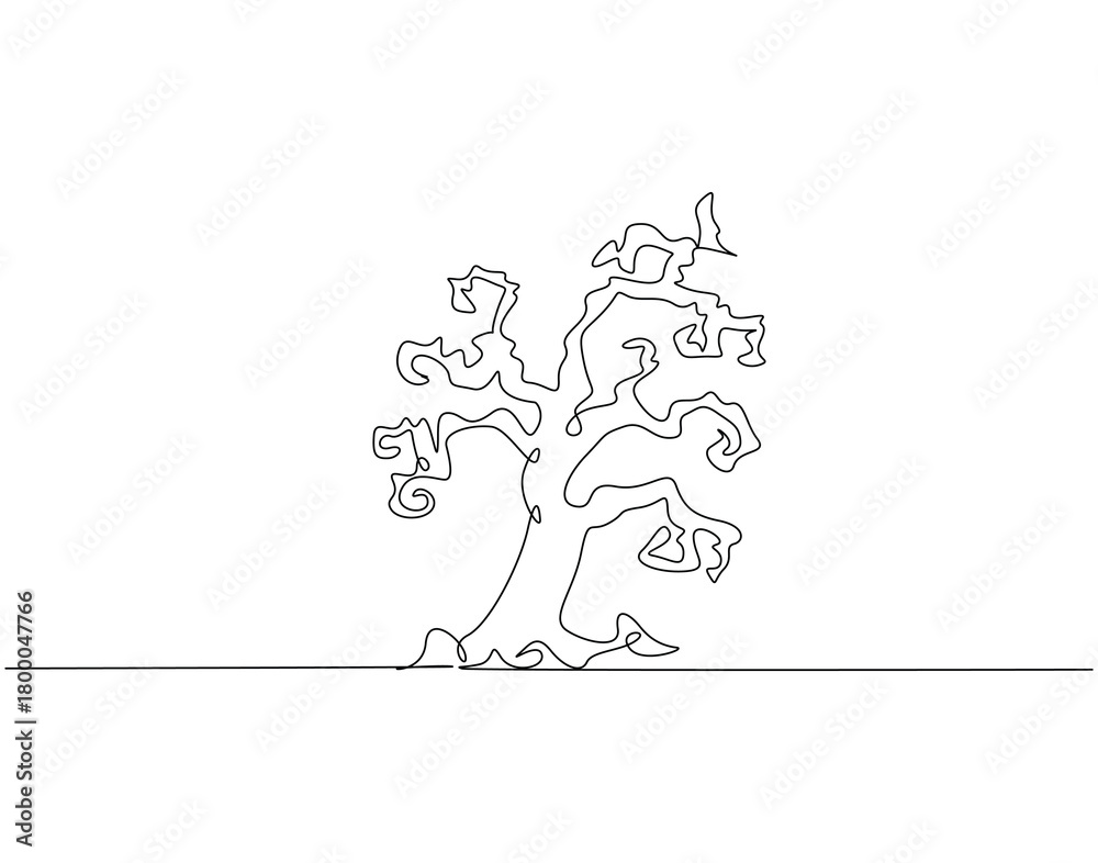 Fototapeta premium Continuous line drawing of halloween tree. Single line illustration of creepy old tree. Halloween concept. Editable outline